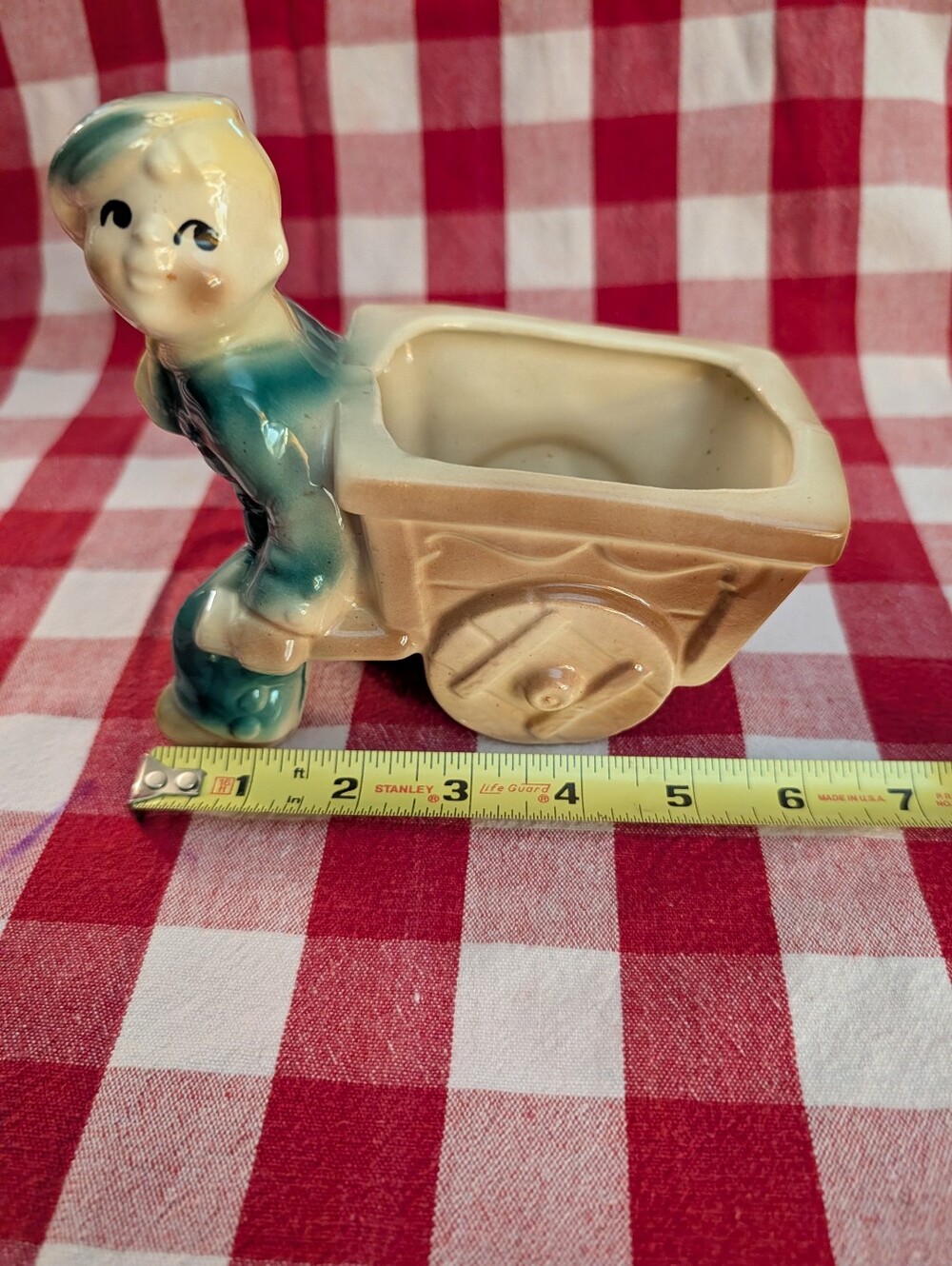 Vintage Ceramic Boy Pulling Planter Cart - Stamped USA 750